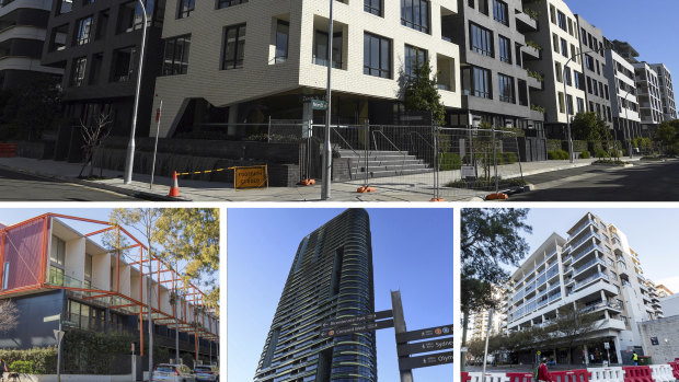 From the top: Erskineville apartment development, Zetland, Homebush Opal Towers and Mascot towers.