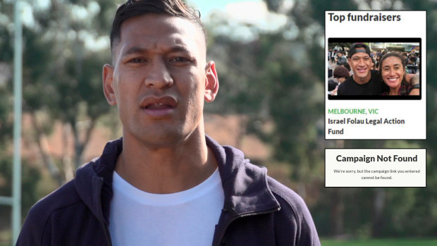 Israel Folau and screenshots from his closed GoFundMe page.