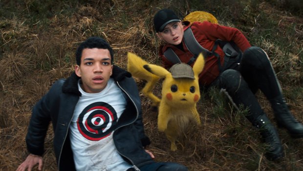 Justice Smith as Tim Goodman, Detective Pikachu (voiced by Ryan Reynolds) and Kathryn Newton as Lucy Stevens.