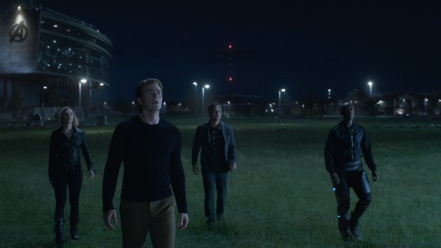 Avengers assemble (from left) Black Widow/Natasha Romanoff (Scarlett Johansson), Captain America/Steve Rogers (Chris Evans), Bruce Banner (Mark Ruffalo), and War Machine/James Rhodes (Don Cheadle).