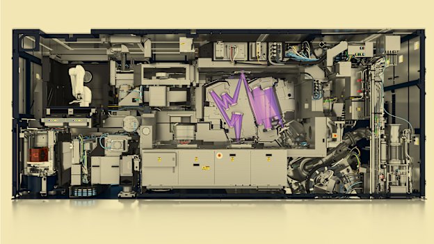 The light path inside a machine by Dutch company ASML conducts extreme ultraviolet lithography on a silicon wafer. 