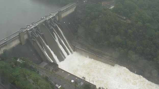 Water spills over Warragamba Dam on Sunday.