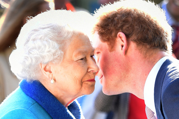 Queen Elizabeth and Prince Harry in London in May 2015.
