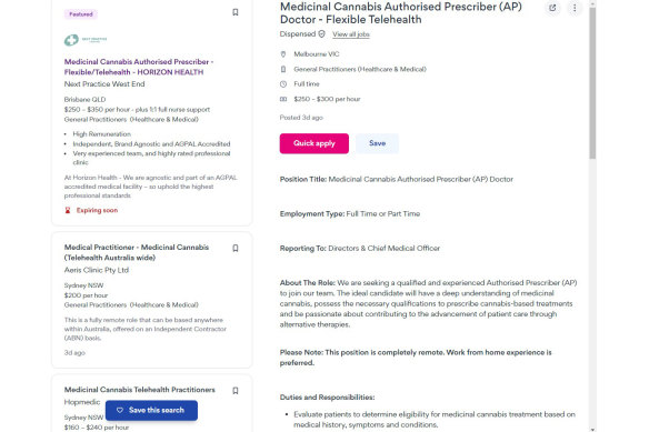 Job ads on Seek for GPs to work prescribing medicinal cannabis via telehealth for up to $350 an hour.