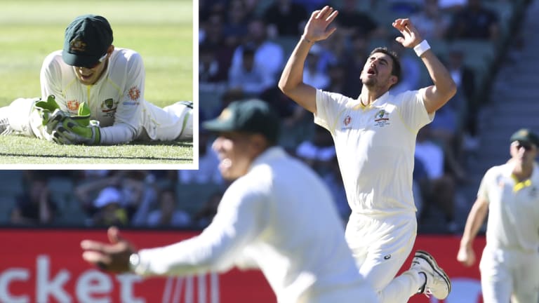 Mitchell Starc reacts after Tim Paine dropped Virat Kohli. Photo: AAP