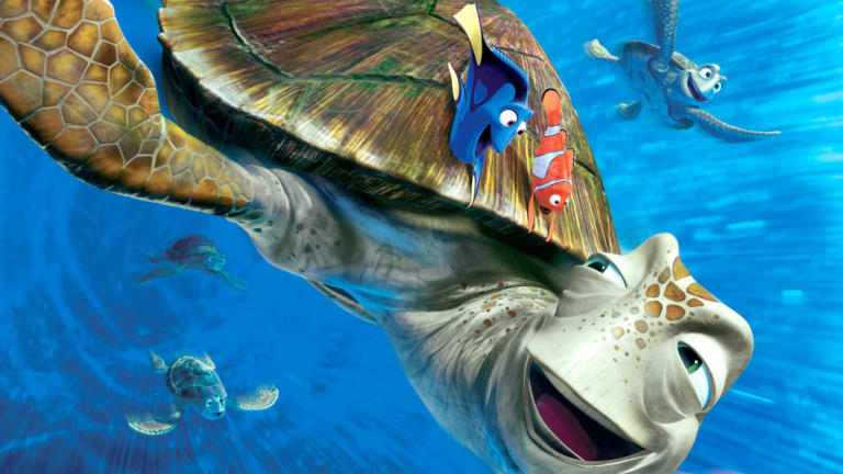 Marlin and Dory mount turtles along the eastern Australian stream in search of Nemo.