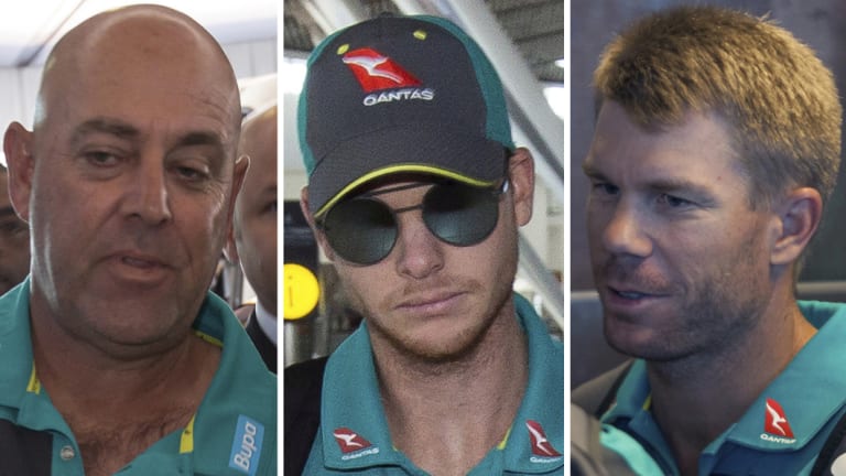 Darren Lehmann, Steve Smith and David Warner at the Cape Town International airport to depart to Johannesburg for the final five day cricket test match.