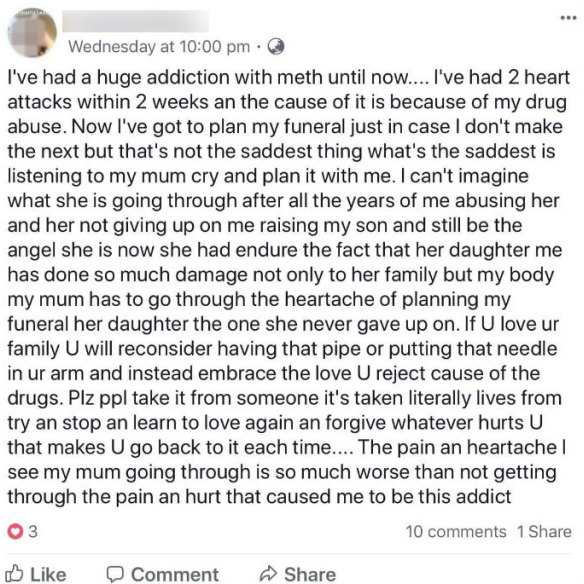 Janelle Byrnes is planning a funeral for her ice-addicted daughter. In a Facebook post, her 39-year-old daughter asks others to stop using ice. 