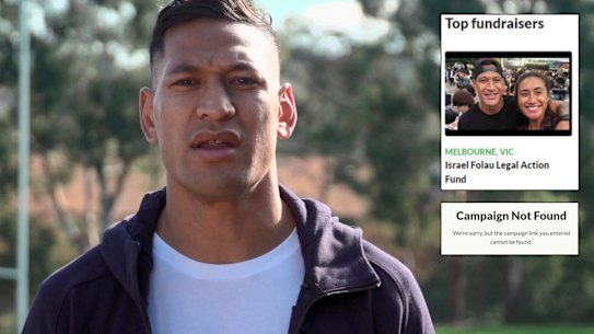 Israel Folau and screenshots from his closed GoFundMe page.