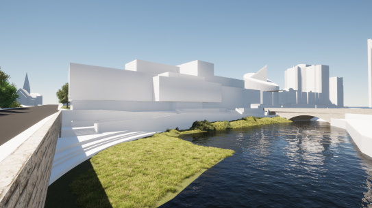 Architect block images showing the building envelope for the new Riverside Theatres.