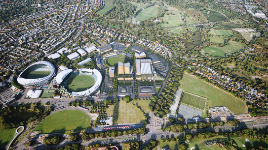 The proposed Carsingha redevelopment would include tree-lined boulevards, a cafe strip, a multi-storey hotel and offices for creative industries workers. 