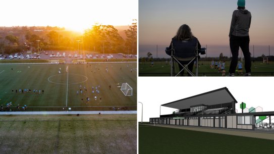 Composite - Aerial view of North Turramurra Recreation Area where Ku-ring-gai Council is going to build a grandstand despite some opposition. August 3, 2023 Photo: Janie Barrett
Artist Impression : Site: North Turramurra Recreation Area
Rationale: Provide a dedicated and recognisable ‘home’ venue for NSFA community and representative teamsStatus: NSFA undergoing preparation and submission of DA (Sept 21′) which will be followed by construction.
Output: Constructions of amenities building with approx. 300 undercover seats, additional change rooms, referees room, disability access, community room and administration office. Supplied 2023
Spectators watch soccer training at North Turramurra Recreation Area from the mound where Ku-ring-gai Council is going to build a grandstand despite some community opposition. August 3, 2023 Photo: Janie Barrett
