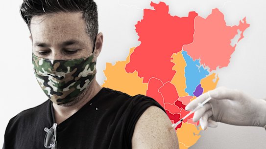 Sydney’s suburbs with surging Omicron cases have the lowest uptake, while more than half of the people in parts of the north and east are triple-vaccinated.