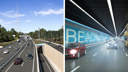 An artist impression of the multibillion- dollar Beaches Link motorway, which is likely to be put on ice amid soaring construction costs.
