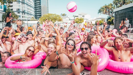 Schoolies enjoying a pool party at the Hilton. School-leavers have been gathering on the Gold Coast for about half a century.