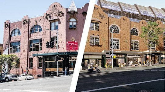 Composite - 110-122 Oxford Street, Sydney. 23rd February 2021 Photo: Steven Siewert SHD NEWS. For Michael Koziol story on the redevelopment of Oxford Street. Artist impression taken from the Development application for three blocks sold by City of Sydney to AsheMorgan. this is the DA for a big new retail/creative precinct + 75-room hotel.82-106 Oxford Street, Sydney. 23rd February 2021 Photo: Steven Siewert