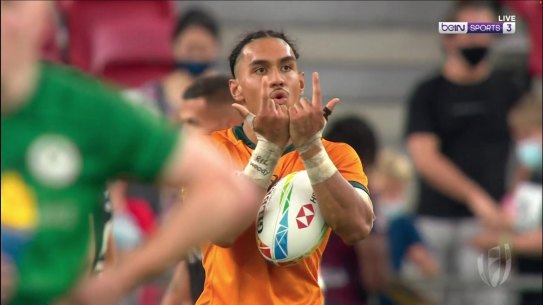 Dietrich Roache pays tribute to his critically ill cousin during the Singapore Sevens on Sunday. 