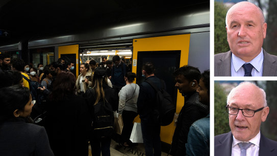 Left: Sydney commuters struggling to get home on Wednesday due to major industrial action. Right: Transport Minister David Elliott and Employee Relations Minister Damien Tudehope.