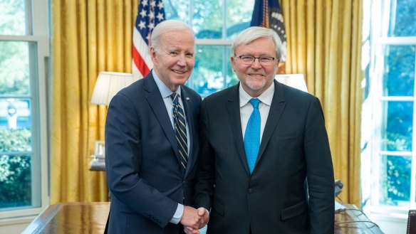 Kevin Rudd with US President Joe Biden in the Oval Office.