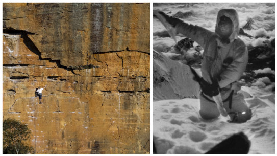 Greg Mortimer scaling Upper Shipley near Blackheath in the Blue Mountains, left, and right, at the top of Everest in 1984.