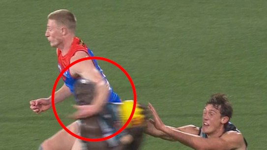 In trouble: Melbourne forward Jacob van Rooyen clashed with Port Adelaide’s  Aliir Aliir on Saturday night.