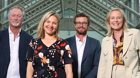 Portrait of Australian actors Bryan Brown, Justine Clarke, Simon Baker and Marta Dusseldorp, who are in Canberra to discuss local content requirements for digital viewing platforms, at Parliament House in Canberra on  Tuesday 16 March 2021. fedpol Photo: Alex Ellinghausen