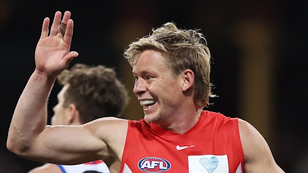 Isaac Heeney of the Swans celebrates a goal.