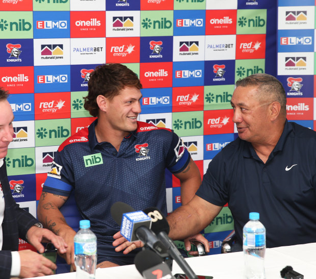 Knights coach Adam O’Brien, Kalyn and Andre Ponga at last year’s press conference announcing the star’s extension with the club.