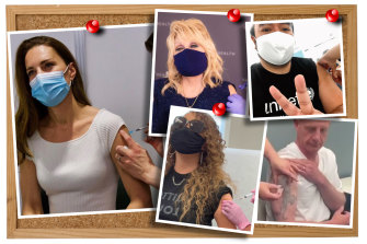 Celebrities who have shared “vaxxies” include (clockwise from left) the Duchess of Cambridge, Dolly Parton, Adam Liaw, Tasmanian Premier Peter Gutwein and Mariah Carey.
