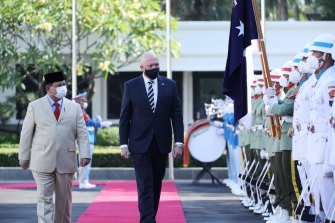 Defence Minister Peter Dutton and Indonesian counterpart Prabowo Subianto in Jakarta on Thursday.