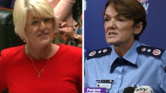 Police Minister Yasmin Catley (left) in parliament on Wednesday; Police Commissioner Karen Webb addresses media.