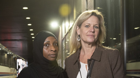 Team TLC NYC volunteer Ilze Thielmann and immigration activist Adama Bah at New York’s Port Authority Bus Terminal where they greet migrants arriving from the US  southern border