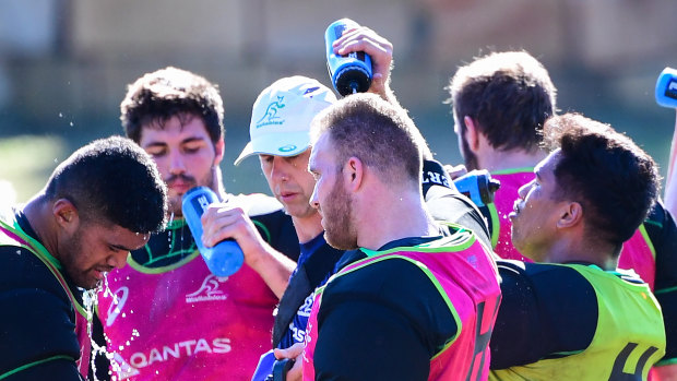 Matt Gibbon (centre, pink jersey) cools off at Wallabies camp in Brisbane this week. 