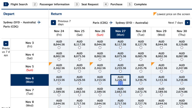 Fares for flights from Sydney to Paris with ANA in November.