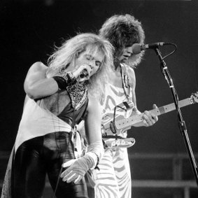 Van Halen's David Lee Roth (left) and lead guitarist  Eddie Van Halen on stage in Philadelphia, 1982. 