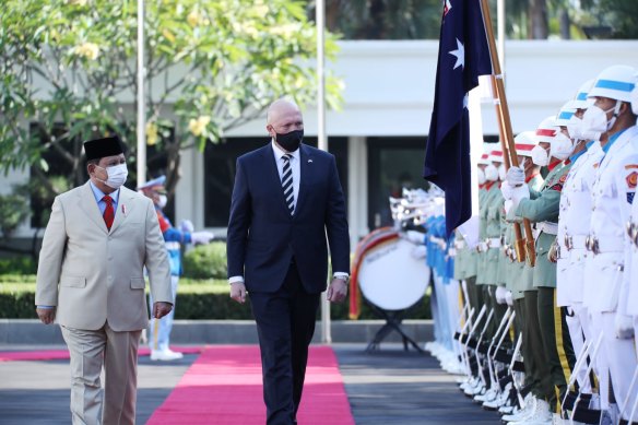 Defence Minister Peter Dutton and Indonesian counterpart Prabowo Subianto in Jakarta on Thursday.