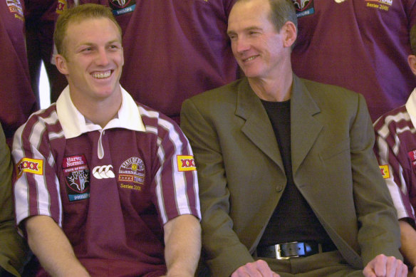 Wayne Bennett with Darren Lockyer during his time as Maroons coach back in 2001.