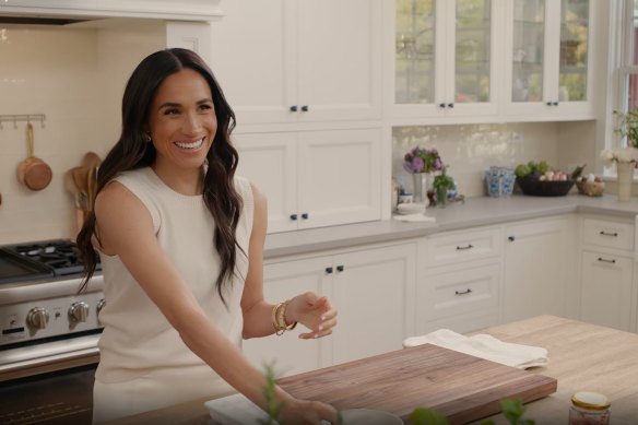 Meghan in the signature neutrals she favoured in With Love, Meghan.