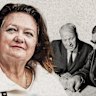 Gina Rinehart and her company Hancock Prospecting, started by her father Lang (far right), is defending claims to its Hope Downs iron ore tenement in the Pilbara from Wright Prospecting, started by Peter Wright (left).