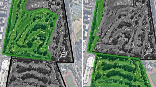 The council's two options to reduce the 18-hole golf course at Moore Park to nine holes, accompanied by 18 to 20 hectares of parkland. 