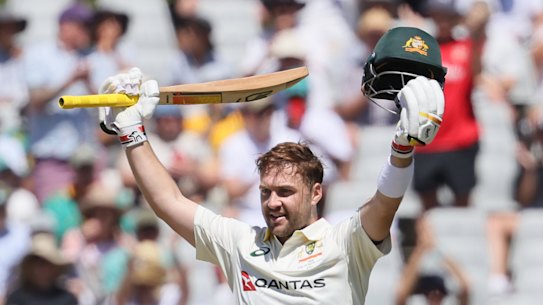 Australia’s Josh Inglis celebrates his hundred on day three.