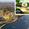 The Brisbane Design Alliance’s vision for a Hamilton stadium, and the abandoned 1990s proposal (inset) for the same site.