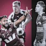 Dolphins stars Hamiso Tabuai-Fidow and Max Plath (centre) lead a six-man club contingent into Origin game two, while the Broncos this series have had most selected as reserves, including Ezra Mam (left) and Reece Walsh (right) this series.
