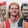 After a series of big moves in 2025, St Kilda are firmly in the spotlight in 2026. From left are president Andrew Bassat, star recruit Tom De Koning, and coach Ross Lyon.