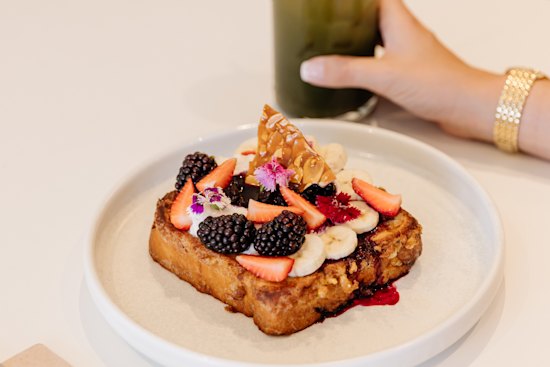 French toast with vanilla and amaretto poached pear.