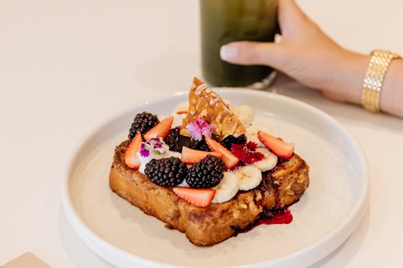 French toast with vanilla and amaretto poached pear.