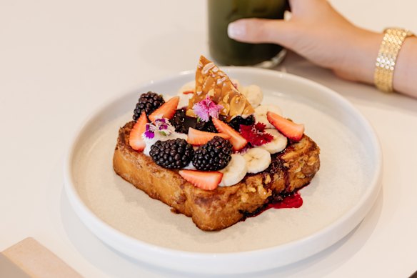 French toast with vanilla and amaretto poached pear.
