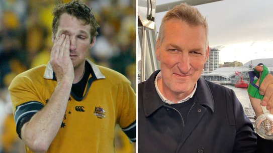 Justin Harrison, refusing to wear the 2003 World Cup medal (left) and with his replacement medal.