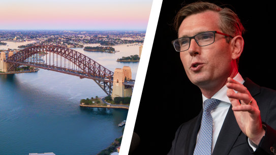 Dominic Perrottet and Sydney Harbour Bridge. 