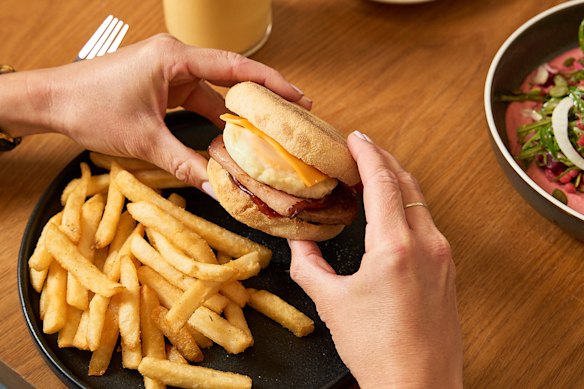 Leaps &amp; Bounds’ breakfast muffin (hot chips optional).
